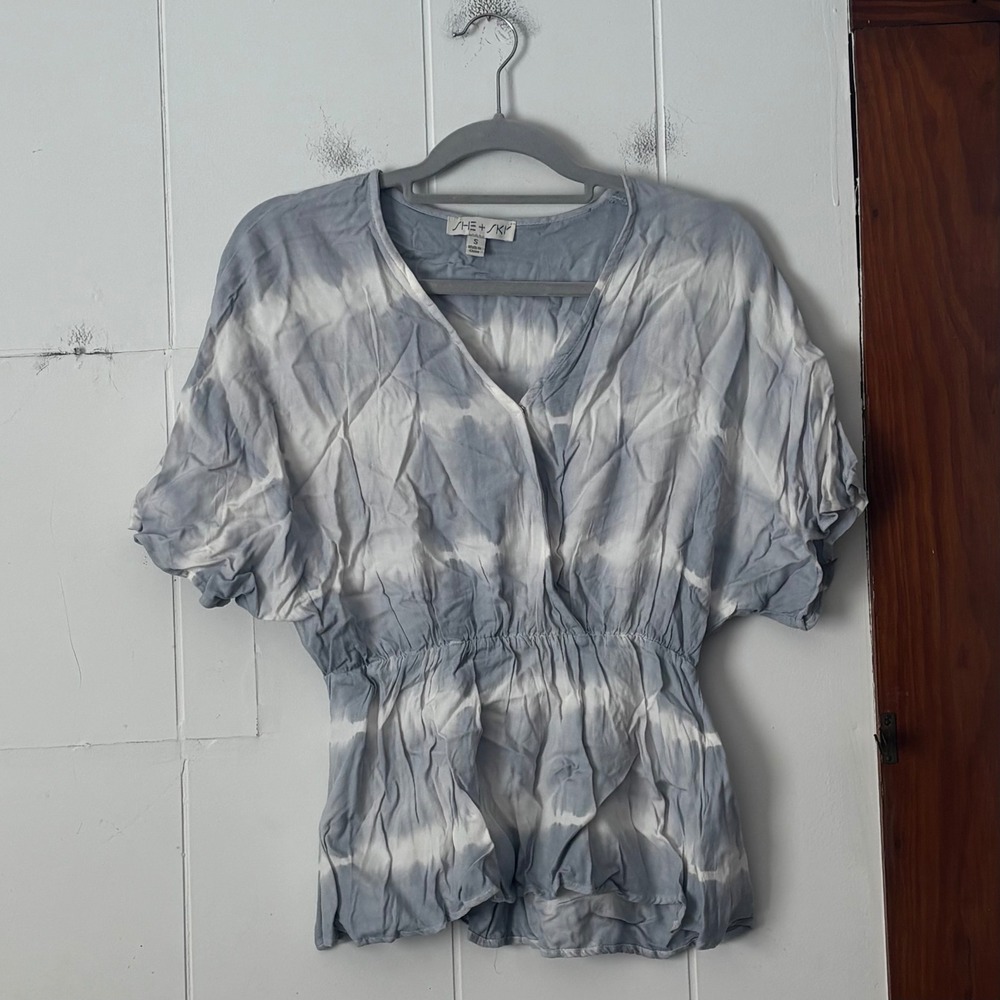 SHE SKY Tie Dye V Neck Dolman Sleeve Smocked Waist Blouse Top Womens Size S - Picture 1 of 4